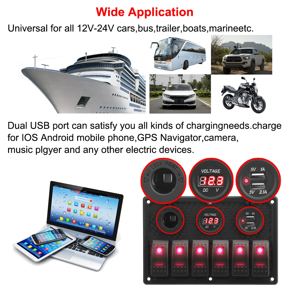 For Marine Boat Car Rv Vehicles Truck Yacht Digital Voltage Display 4.2A Dual USB Slot Socket 6 Gang Rocker Switch Panel