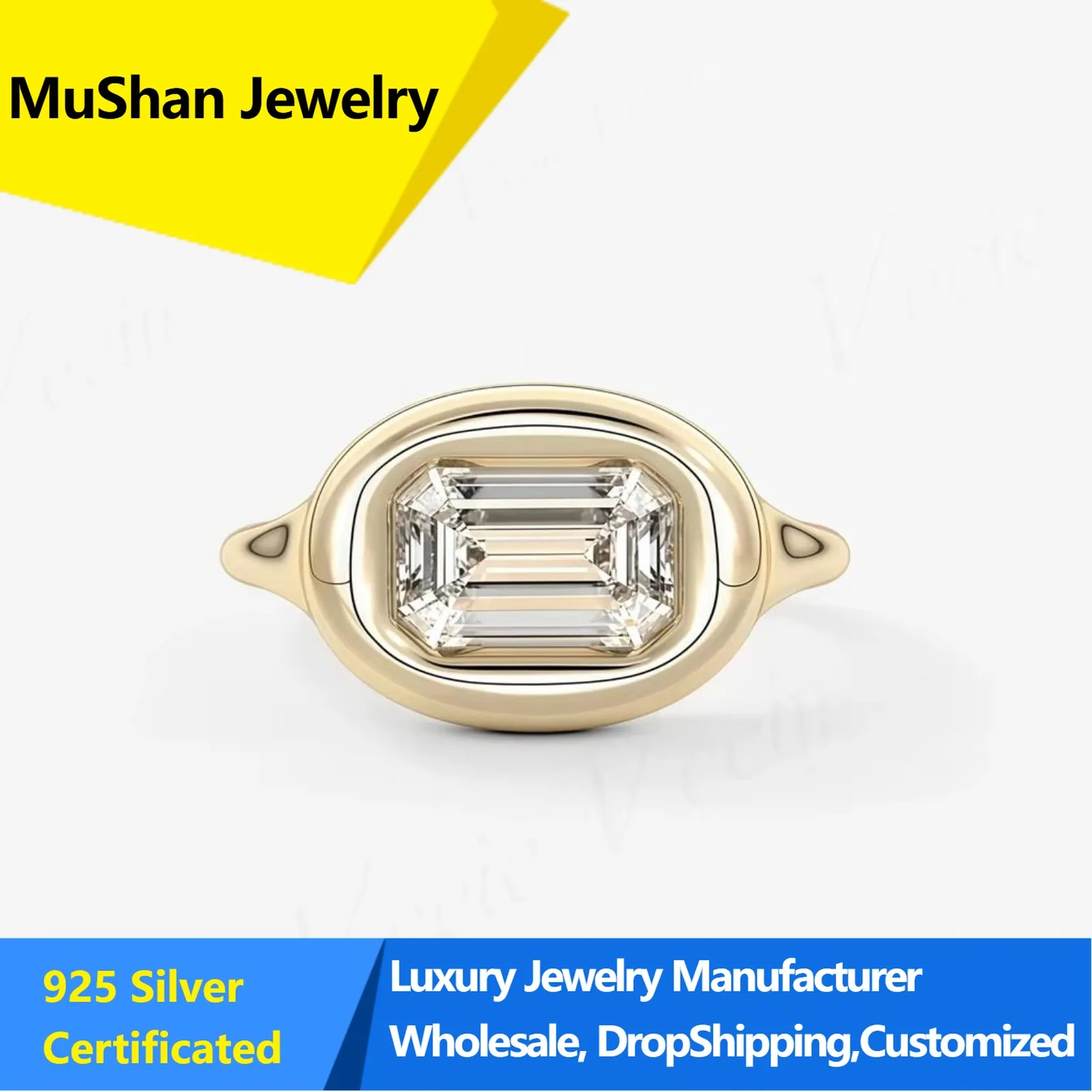 MuShan Jewelry 3 Carat Moissanite Diamond Rings Band Emerald Cut 925 Sterling Silver Wedding Ring for Women s925 Jewelry
