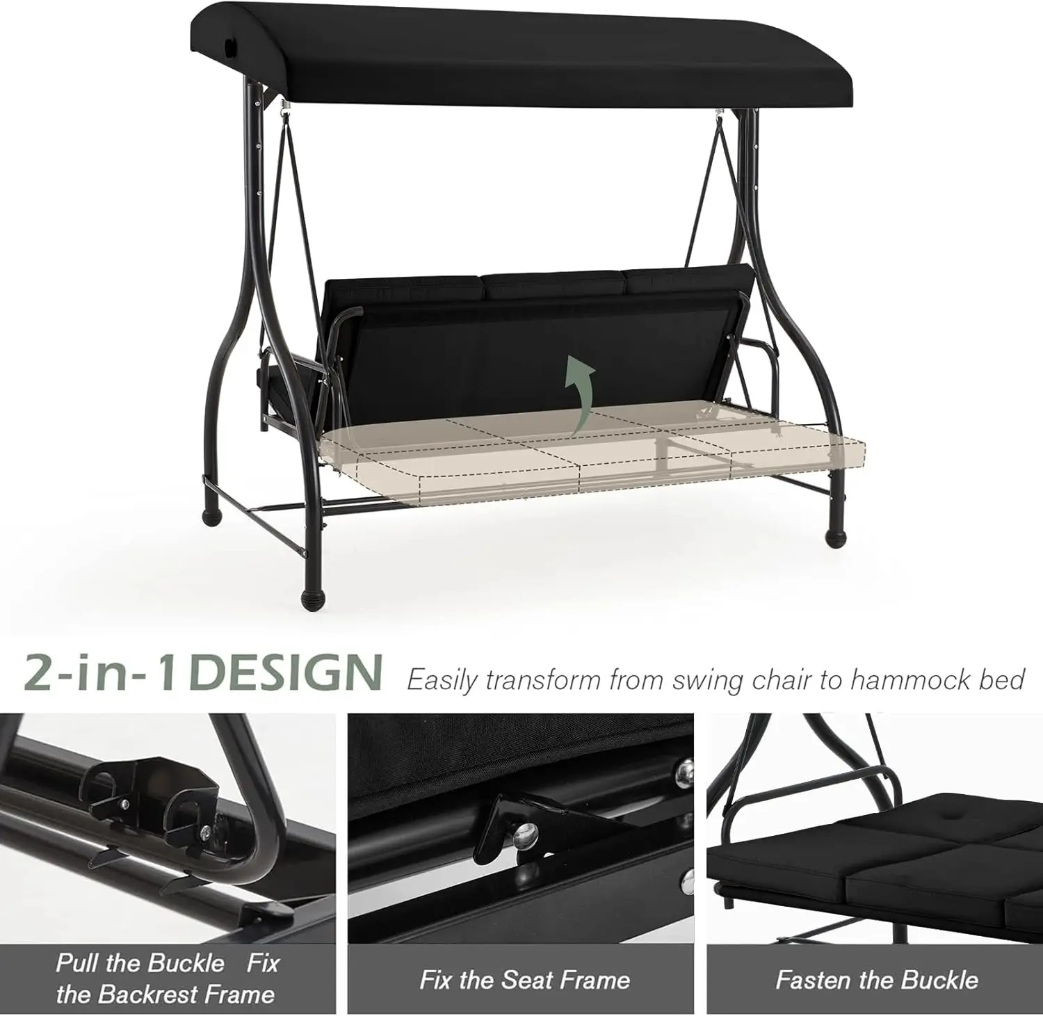 3 Seat Outdoor Porch Swing with Adjustable Backrest and Canopy Patio Swing Removable Cushions Outdoor Swing Bed