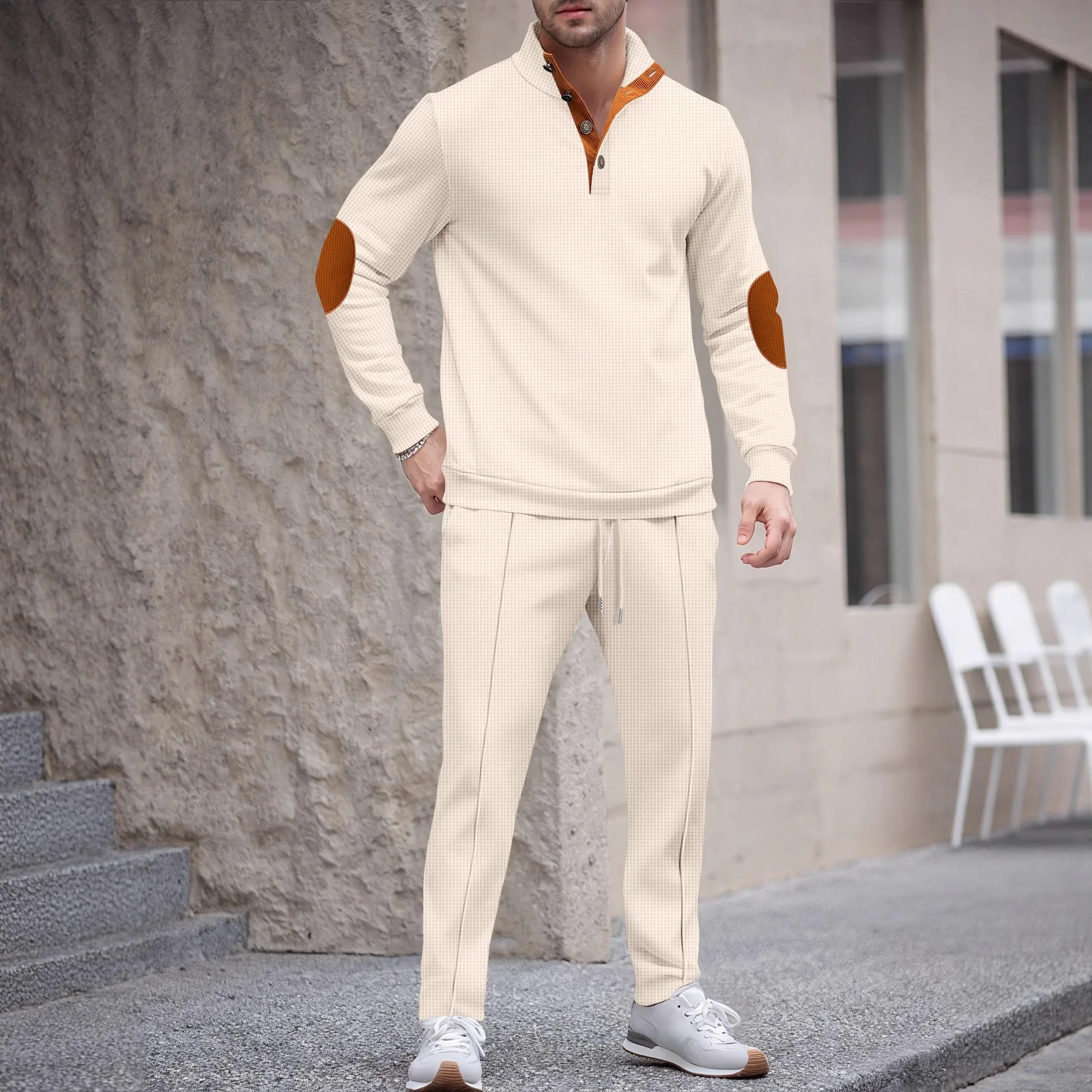 Men's American-Style Stand-Up Collar Long-Sleeve Sweatshirt with Buttoned Elbow Guards Color-Matched Autumn Outfit Set