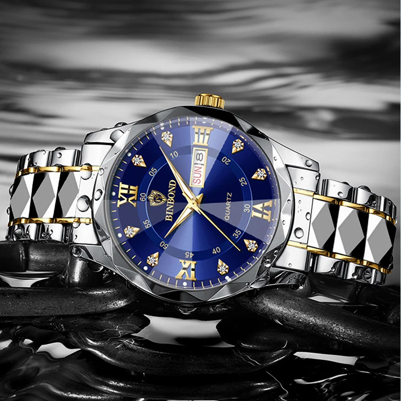 BINBOND Top Brand Luxury Fashion Quartz Watch Men Waterproof Week Date Clock Stainless Steel Sport Watch Men Quartz Wristwatch