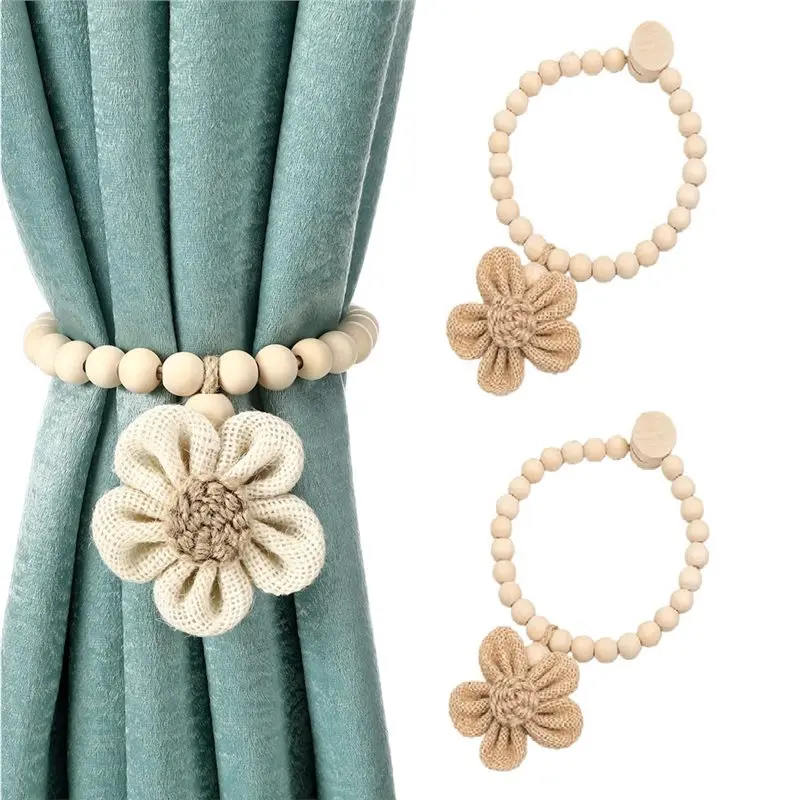 Retail Beaded Sunflower Magnetic Curtain Tiebacks 2 Pcs Strong Curtain Holdbacks Boho Wooden Curtain Tie Backs