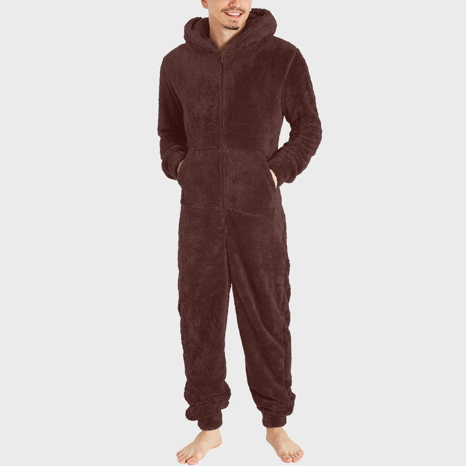 Men Jumpsuit Long Sleeve Pajama Solid Zipper Hooded Jumpsuit Casual Winter Warm Sleepwear Comfortable Male Home Clothing 2024