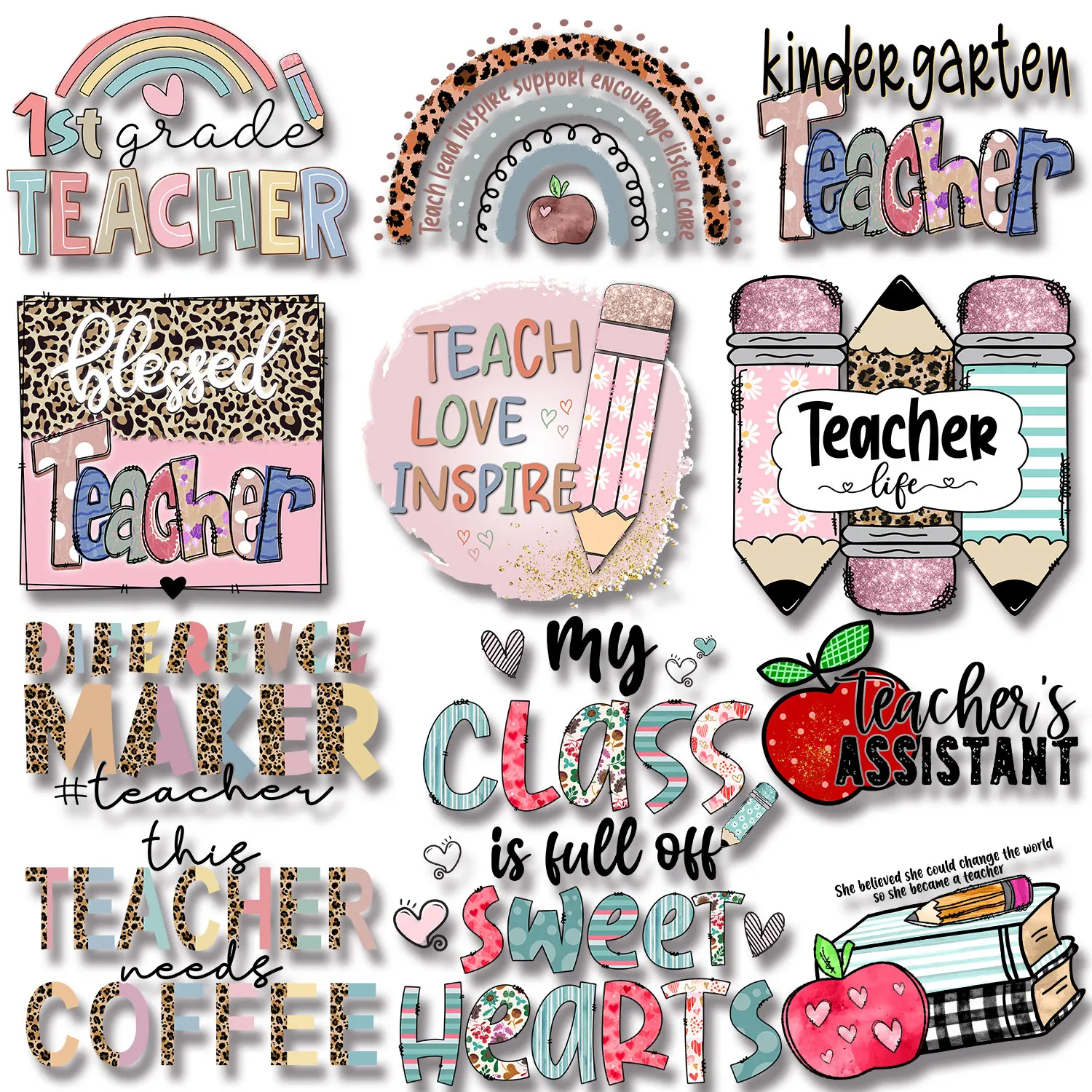 

Pencil Notebook Teacher Leopard Print Letter Patches Iron Sticker for Clothing Transfers Washable DIY Appliques