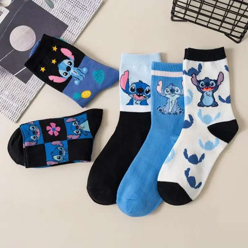 Disney Cute Stitch Socks Anime Cartoon Combed Cotton Midtube Female Socks for Girls Creative Fashion Mid-leg Socks Size 34-42