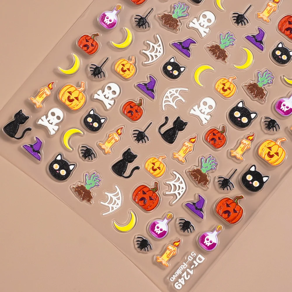 1/5/10pcs Pumpkin Cat Skull Witch Hat Nail Stickers 5D Embossed Halloween Nail Art Stickers For DIY Manicure Decoration Decals