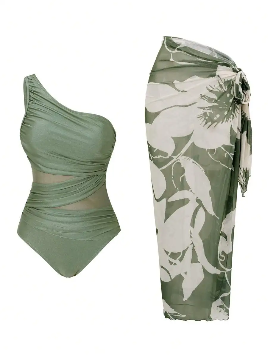 Olive Green One Shoulder Swimsuit With Floral Sarong Cover Up