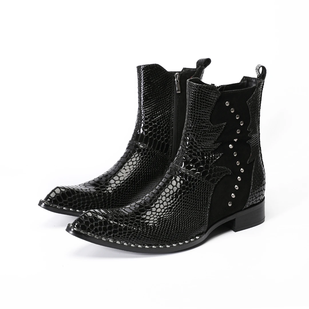 fashion black rivets pointed toe genuine leather men party ankle boots big size male nightclub dress shoe formal motorcycle boot
