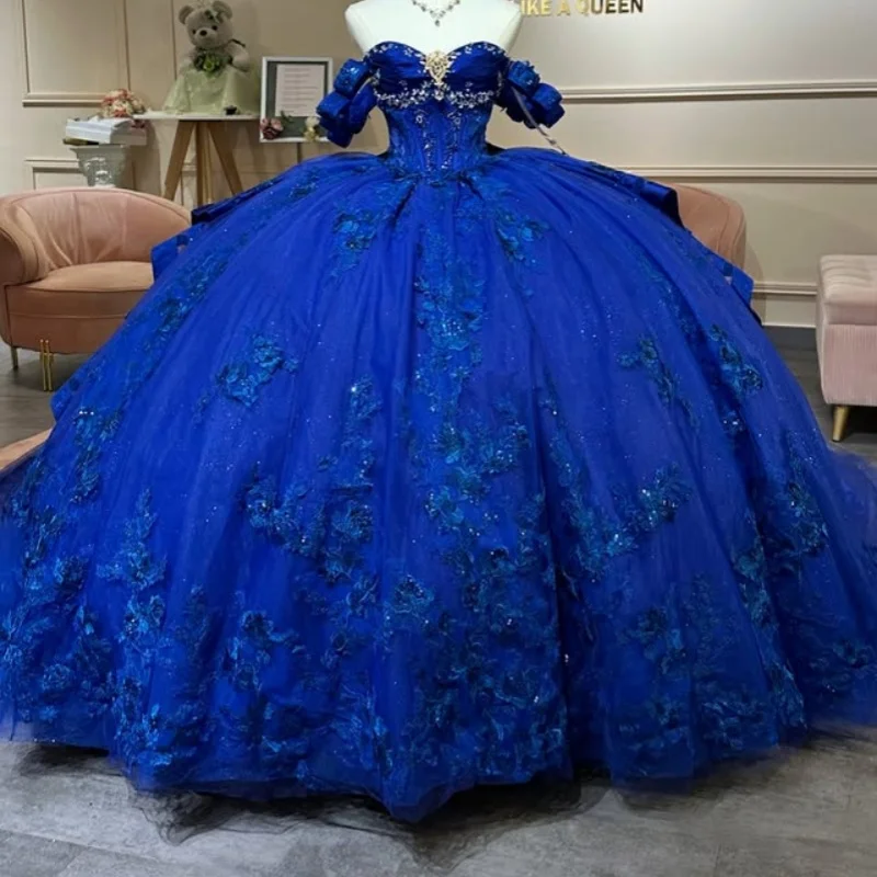 فستان Quinceanera باللون الأزرق الداكن اللامع كريستال لامع ثلاثي الأبعاد على شكل زهرة ملصق طويل بفيونكة فاخرة من Vestidos De 15 Quinceanera تخصيص #3