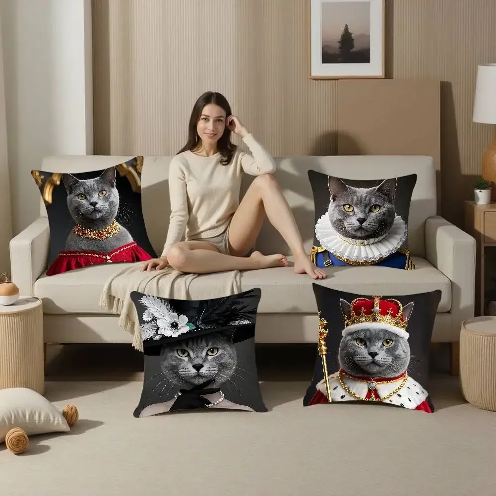 Renaissance Royal Russian Blue cat Pillow Case Square Double‑Sided Print Cushion Case For Sofa Home Bedchamber Decor Gift