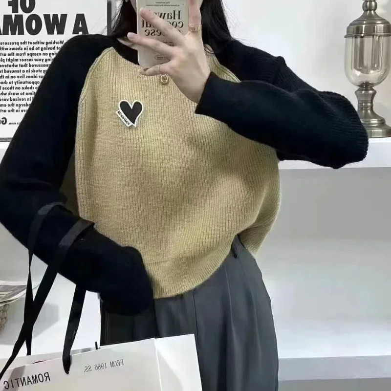 Crew Neck Screw Thread Knitted Long Sleeve Geometric Casual Women\'s Pullover Sweater Autumn Winter Contrast Color Sweet Tops