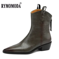 Ankle Boots for Women Genuine Leather 2026 Fall Winter Low Heel Pointed Toe Zipper Ladies Bootie High Quality Shoes Large Size
