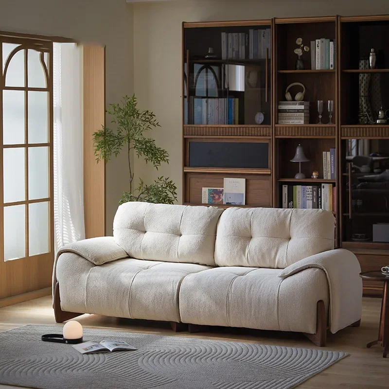 North American black walnut Nordic solid wood fabric sofa, cream wind straight row three-person removable