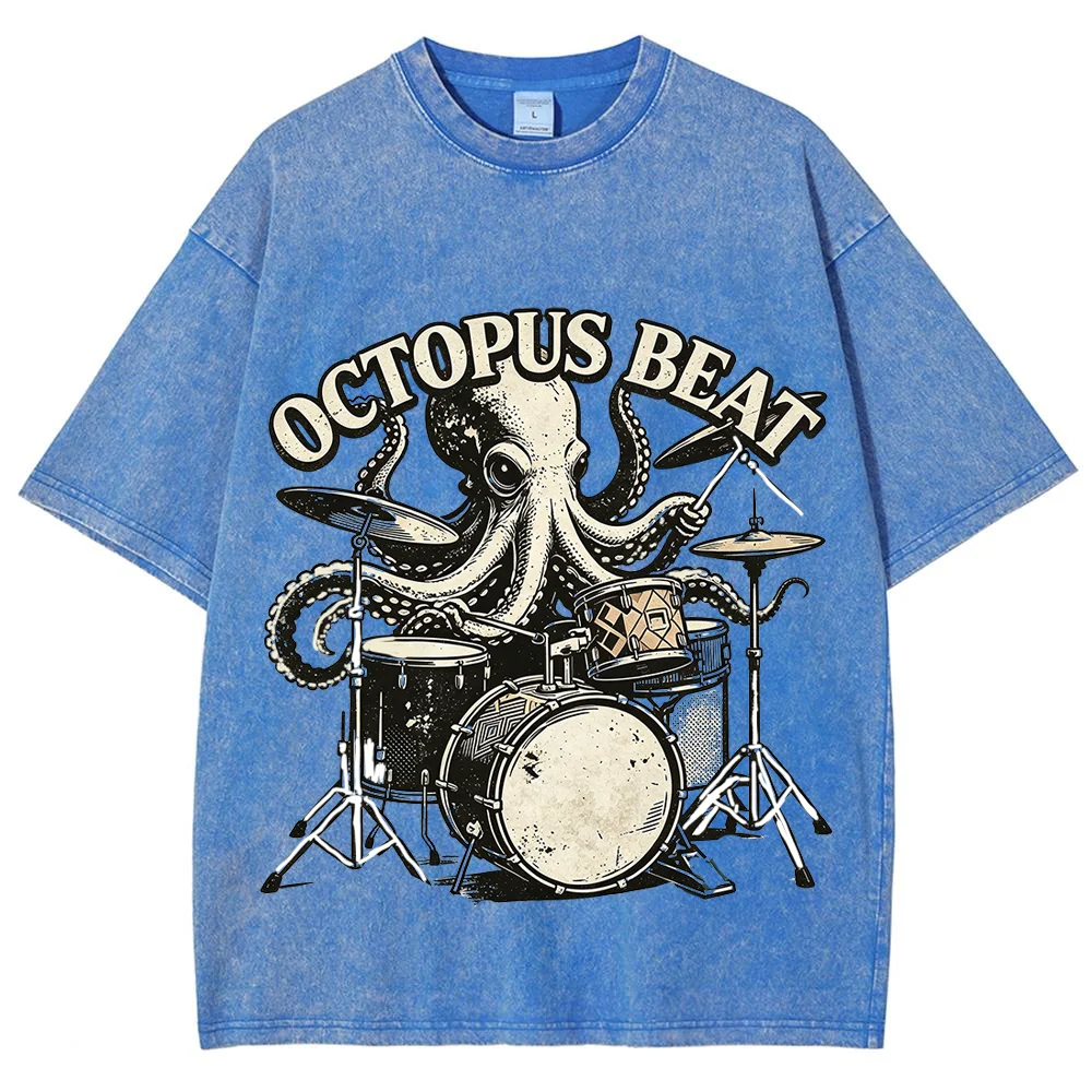 Men T Shirt Octopus Beat Drummer Graphic Vintage Washed Cotton Oversized Streetwear Rock Music Short Sleeve Casual Top