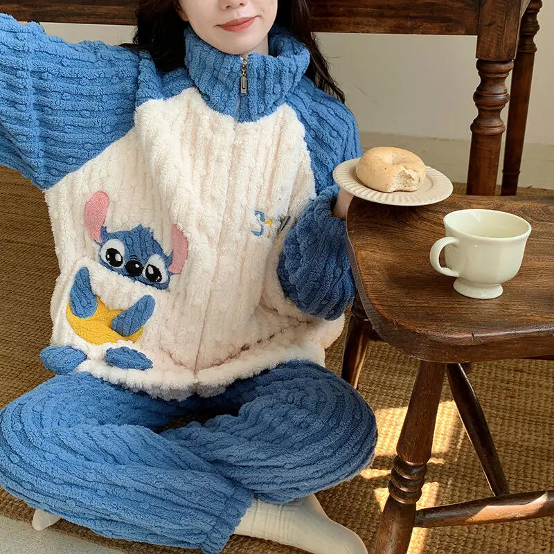 

Cartoon 2Pcs Plush Pajamas Set Anime Stitch Women's Nightgown Suit Disney Kawaii Winter Cute Hooded Thickened Warm Homewear Soft