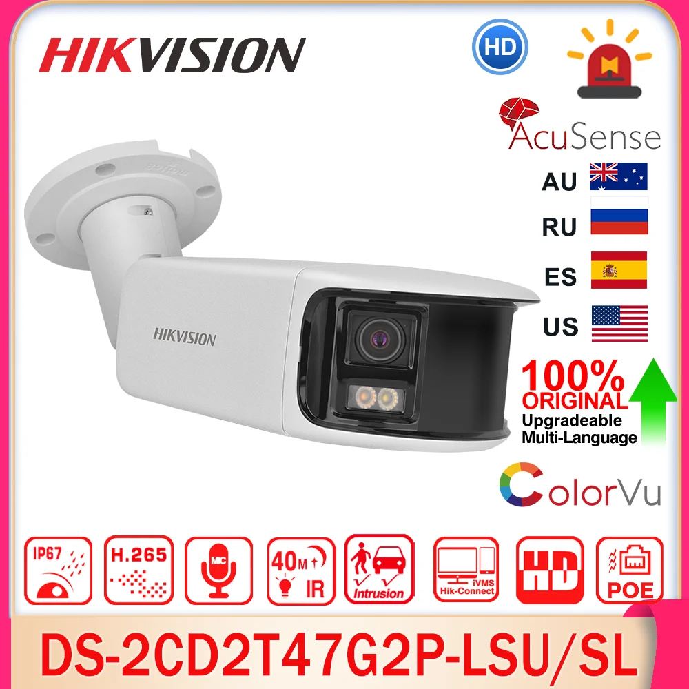 

Hikvision DS-2CD2T47G2P-LSU/SL 4MP Dual Lens Panoramic ColorVu Bullet IP Camera Acusense Strobe Light Audible Alarm 2-Way Audio