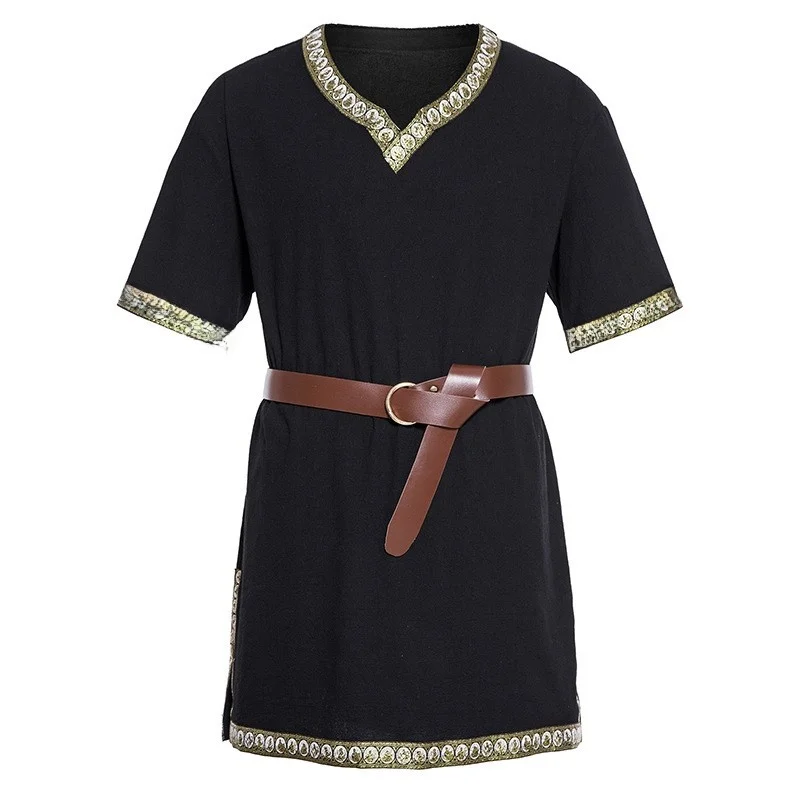

Medieval Viking Knight Pirate Shirt Men's Vintage PU Leather Shirt Non-Shrinking Non-Fading Thin Five-Quarter Sleeve round Neck
