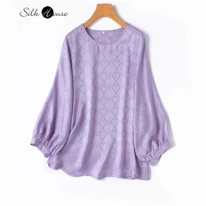 

Dreamy Lilac Purple Versatile 100% Natural Mulberry Silk Jacquard Satin Round Neck Lantern Sleeve Women's Loose T-shirt