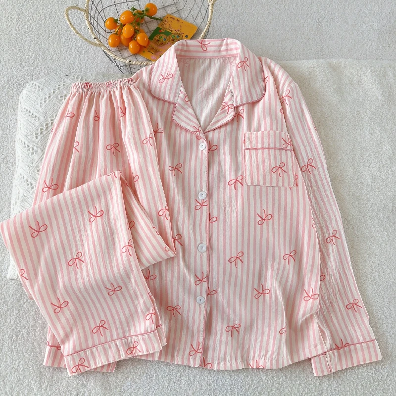 Pink Bow Tie Design Pajamas for Women Long Sleeve Top & Elastic Waist Pants Pajamas Set Harajuku Style Casual New Home Wear
