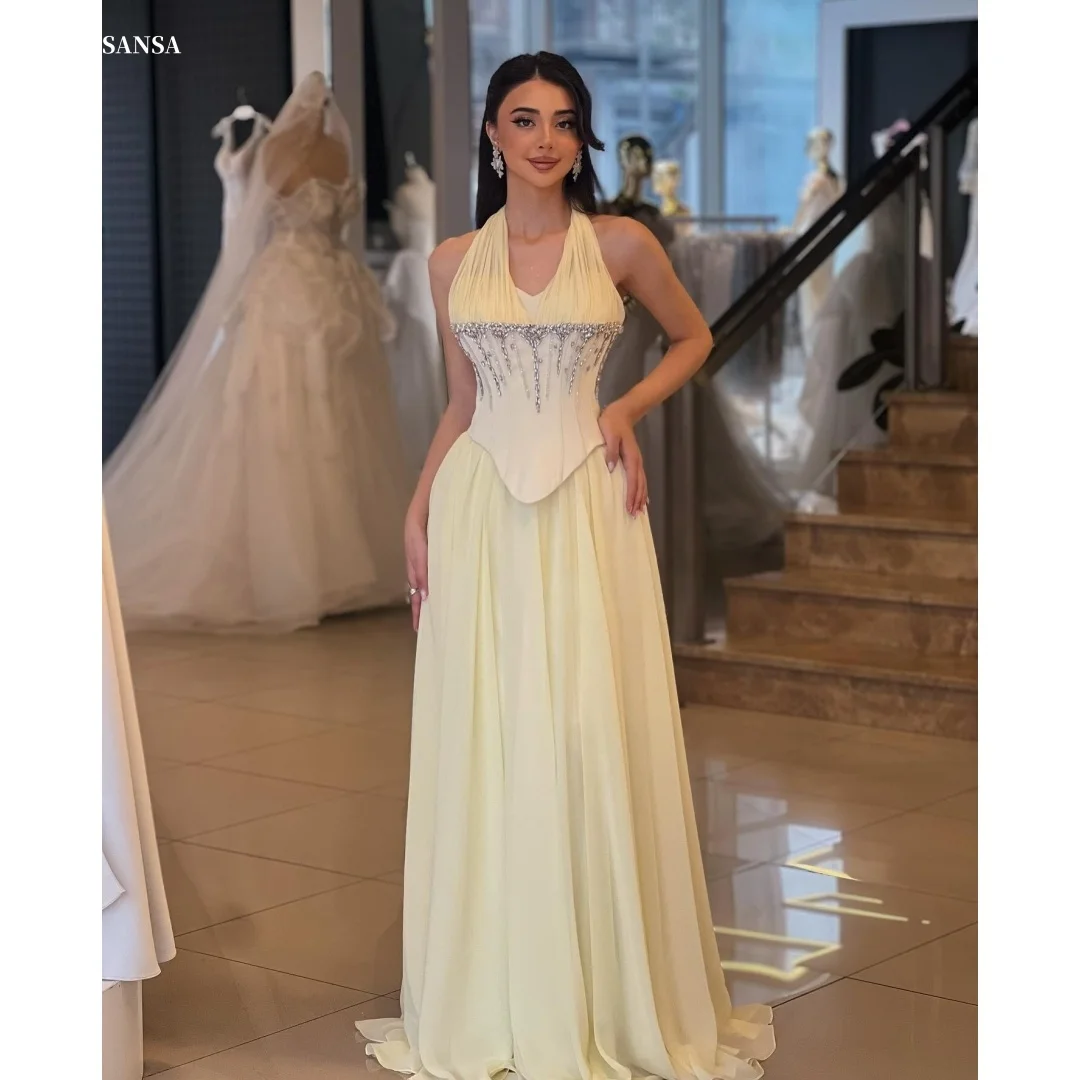 

Sansa Customized Yellow Halter Neck Glitter Prom Dresses Sleeveless فساتين للمناسبات الخاصة Floor-Length vestidos de festa 2025