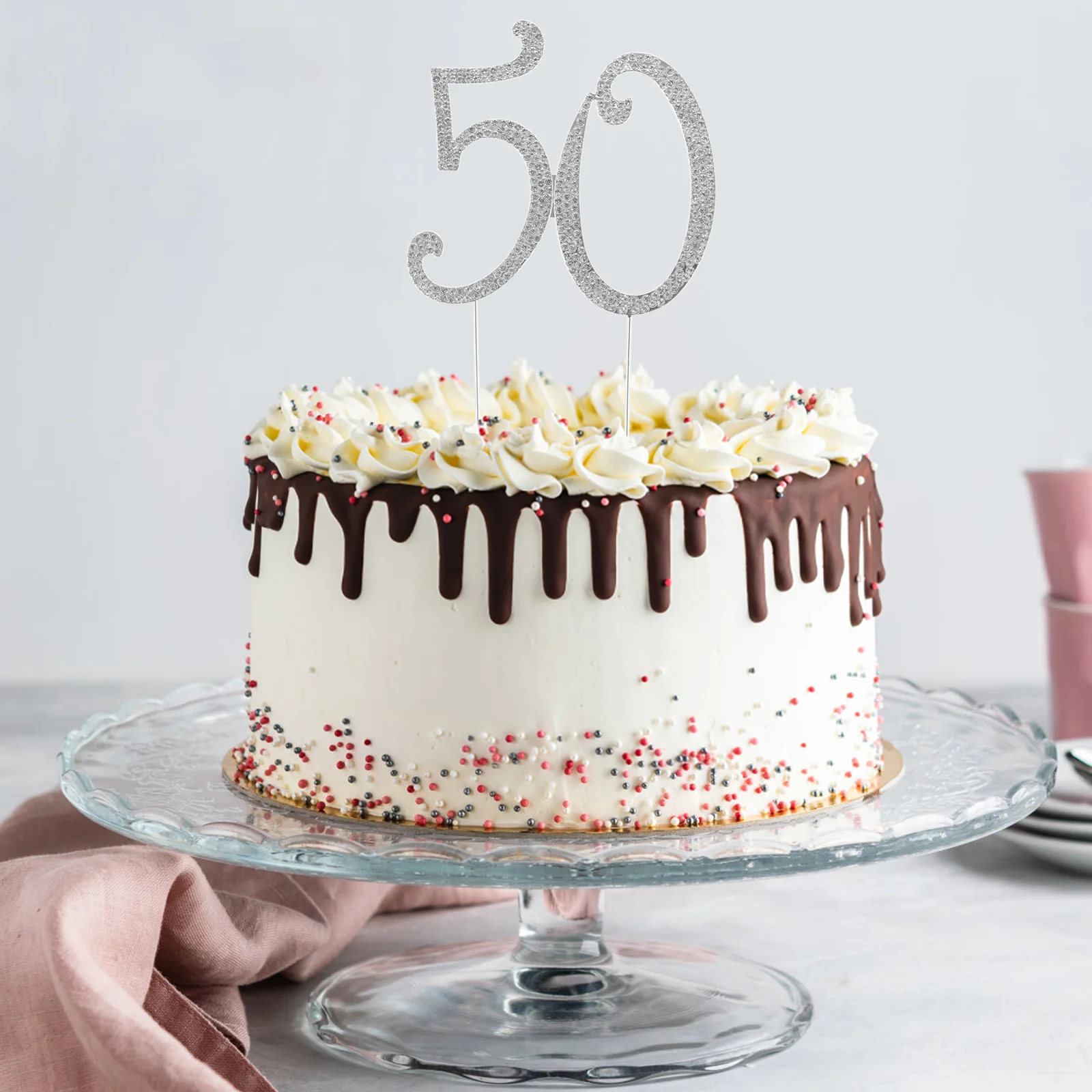 

50 Cake Topper Rhinestone Alloy Crystal Decorative for Birthday Anniversary Party Supplies Silver Cake Topper