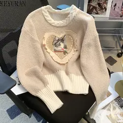 Love Cartoon Embroidery Women Sweater Pullover Autumn Winter Fashion Round Neck Loose Long Sleeve Top Knitted Jumpers Femme 2024