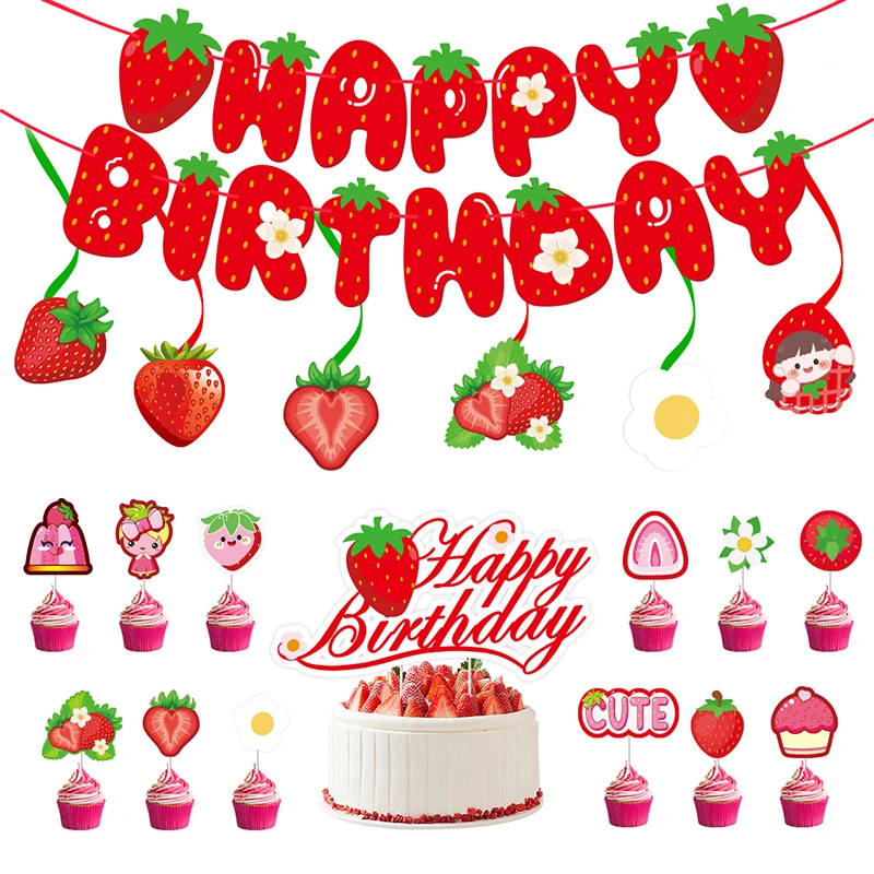 1Set Strawberry Birthday Theme Party Banner Cute Strawberry Cupcake Top Cute Birthday Party Decoration Supplies