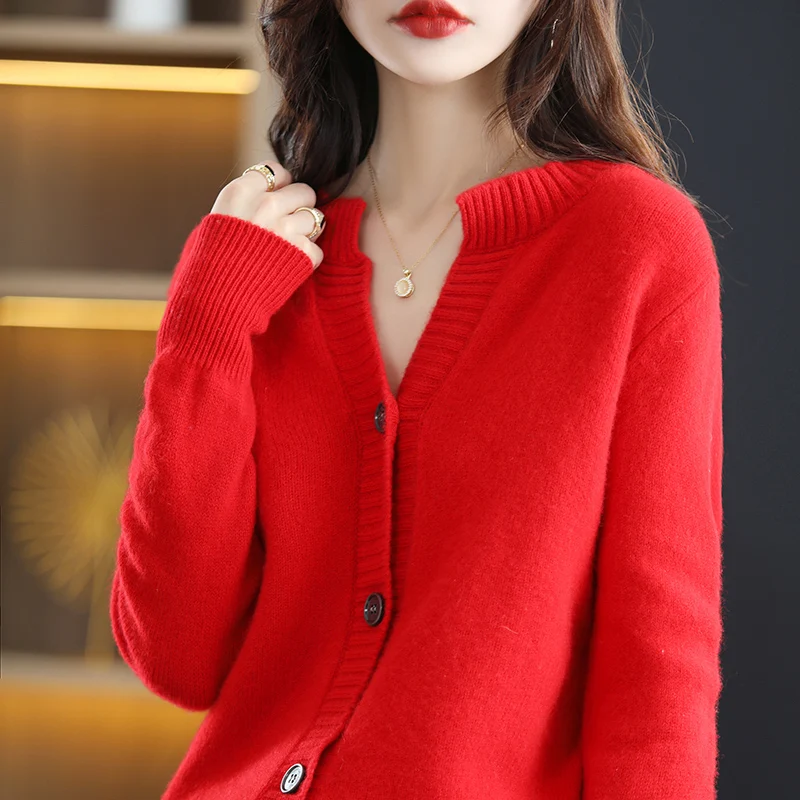 100% Wool Cashmere Cardigan Women\'s Autumn and Winter New Round Neck Sweater Loose Large Size Coat Korean Fashion Knitted Jacket