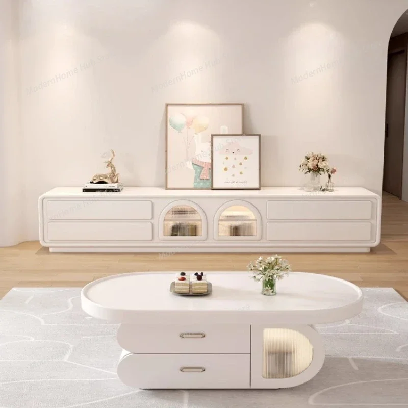 

Комбинированный овальный журнальный столик и тумба под телевизор для гостиной, белый, в стиле крем, небольшой размер, создающий ощущение роскоши.