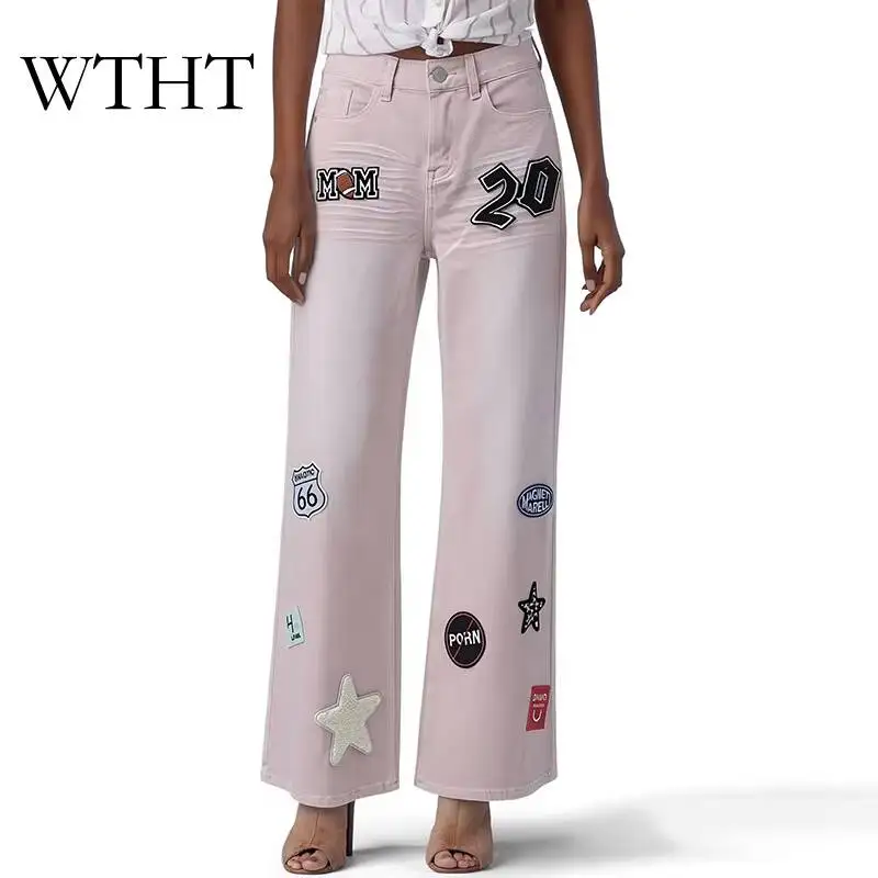 

WTHT Trendy Summer 2026 Women Embroidered Patch Badge Straight Denim Pants High-waist Washed Big Pockets Jeans Female 1LS3113