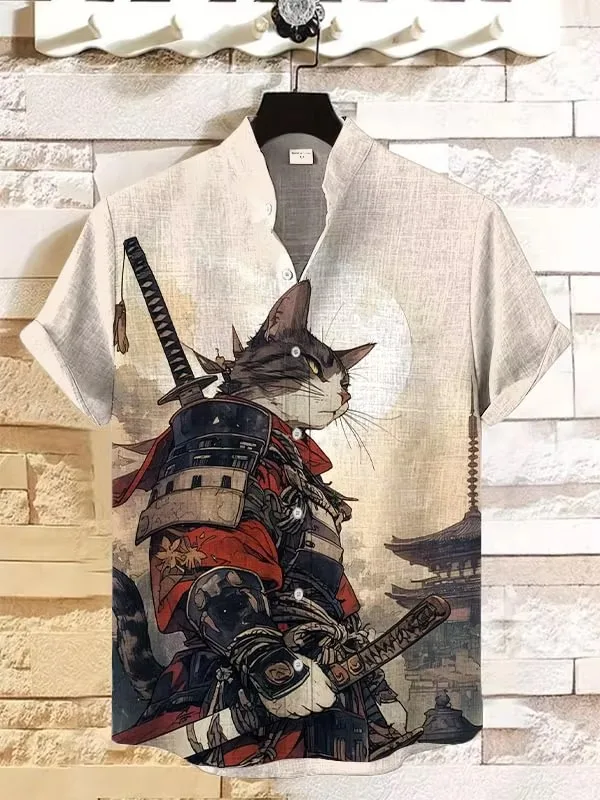 Camisas Masculinas Estilo Samurai Edo Cat, Arte Japonesa Anime, Impressão 3D, Camisas Havaianas Casuais de Verão, Manga Curta, Blusa Unissex