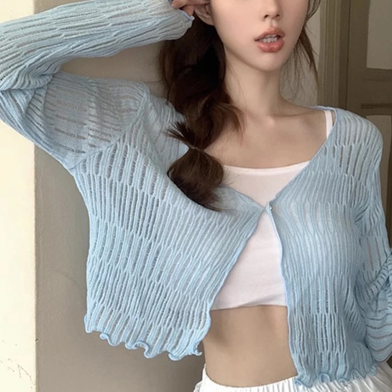 Summer Women Thin Sunscreen Cardigan Lace-up Knitwear Tops Female Korean Style Long Sleeve Short Coat Casual Sun Protected