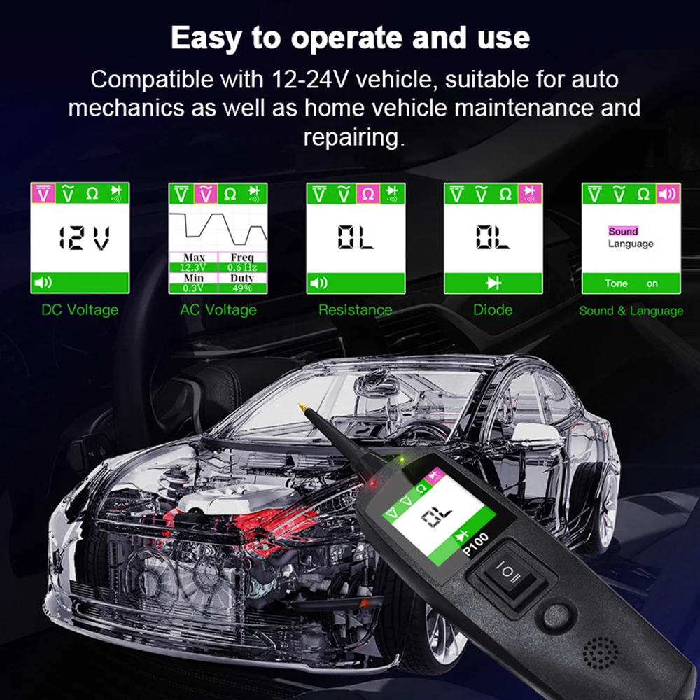 2M Cable Automotive Circuit Tester Power Circuit Probe Kit Car Voltage/Resistant Tester 12/24V Diagnostic Tool Component