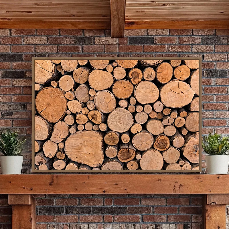 1pc frameless Canvas Painting 1pcs(No frame)Log Pile Stacked Timber Tree Ring Poster Print Canvas Painting Wood Trunk Cross Wall