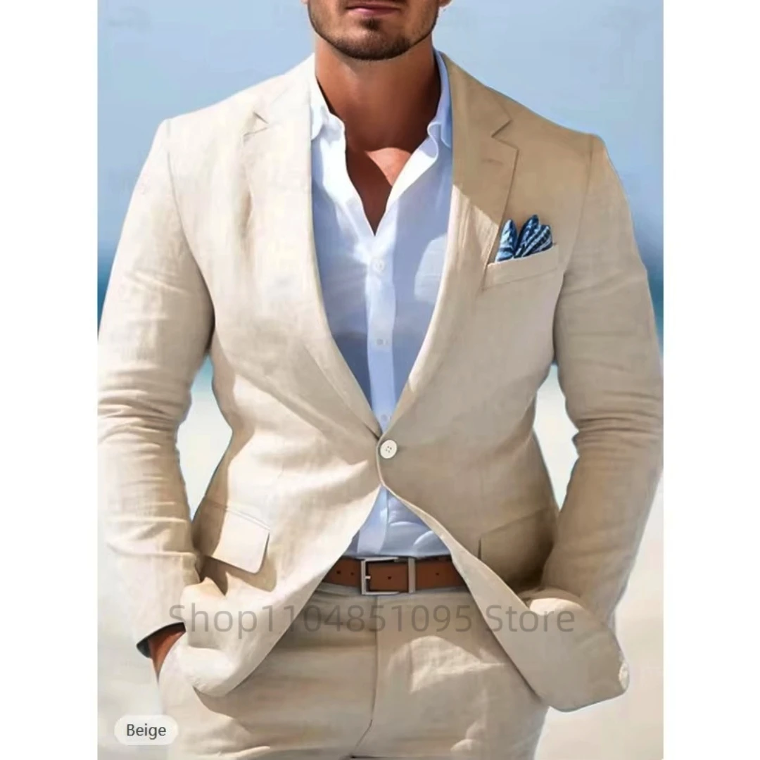

Beige/Blue Linen Suits For Men Beach 2 Pieces Slim Fit Best Men Wedding Tuxedos Blazer Jacket Pants Summer Costume Homme Mariage