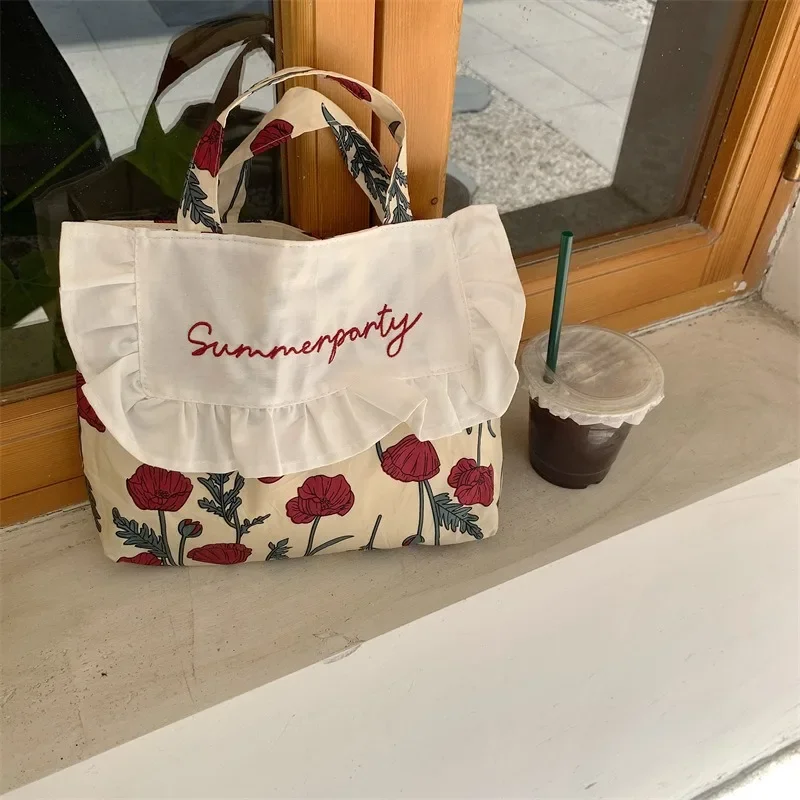 

MBTI Summer Sweet Womens Handbag Canvas Flower Small Fashion Casual Cute Bag Literary Elegant Commuter Female Aesthetic Bags Sac