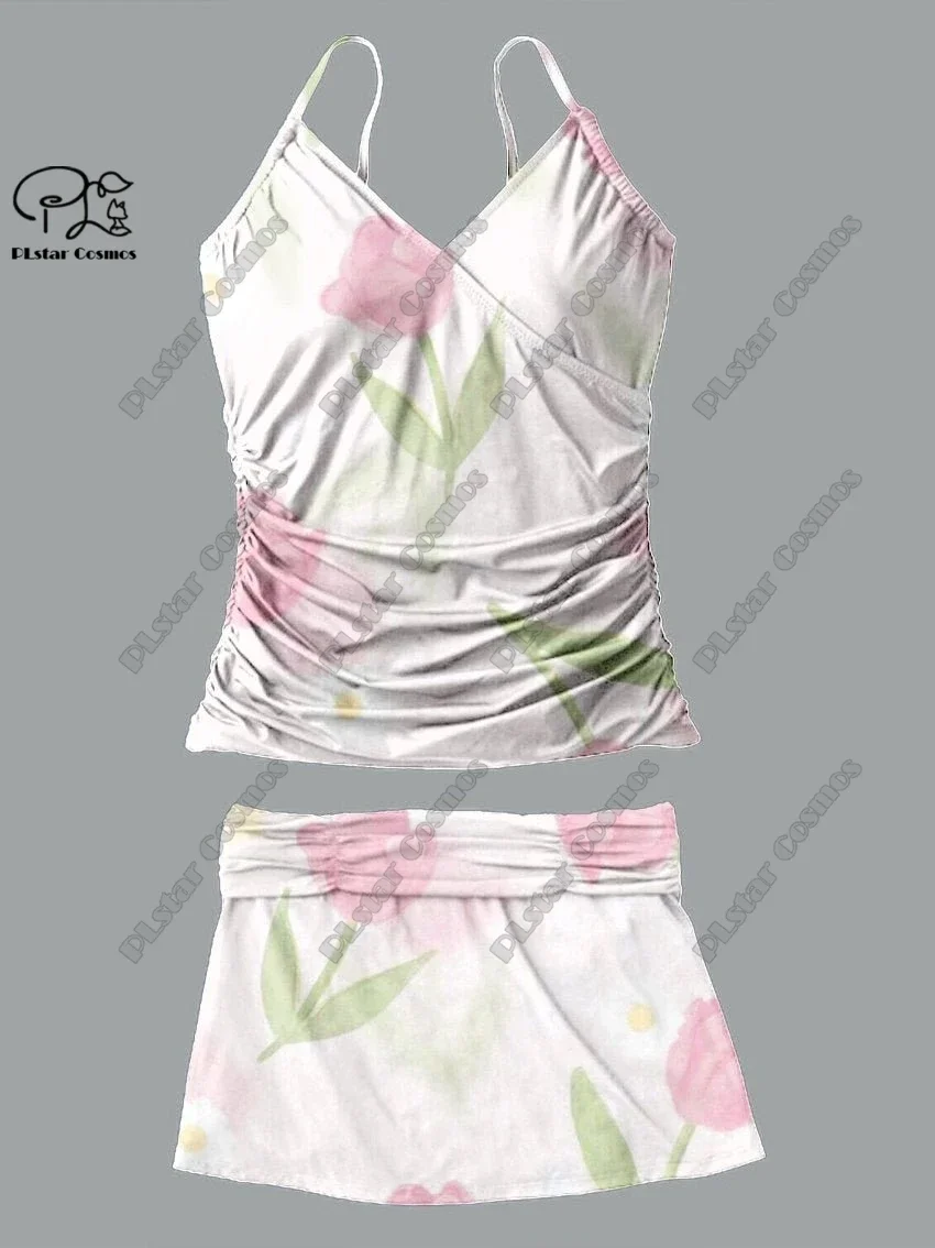 Women's V-neck summer small fresh floral print suspender skirt two-piece swimsuit suit holiday travel new swimsuit  Q-26