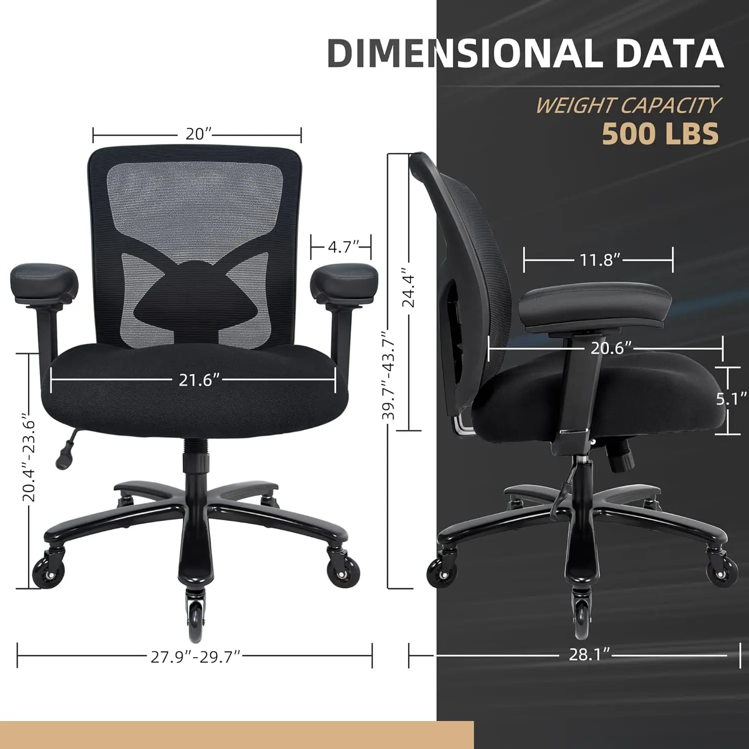Silla de oficina grande y alta de 500 libras: silla de escritorio ergonómica de malla, resistente, lumbar ajustable, base de metal, negro
