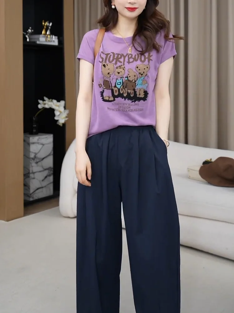 

Slimming Effect round Ne ort Sve Cartoon Print Top for Women Summer New Sle Faionable plus Size Korean Sle T-irt