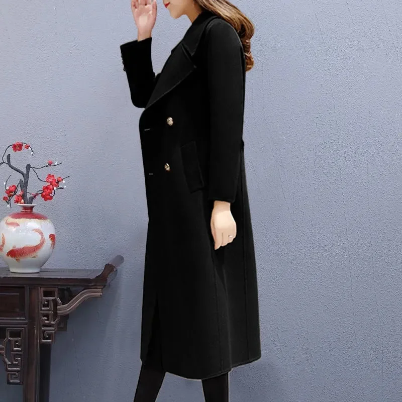 Women Wool Coat Double-Breasted Autumn Winter New Fashion Loose Long Trench Coat Retro Loose Female Overcoat Ladies Windbreak