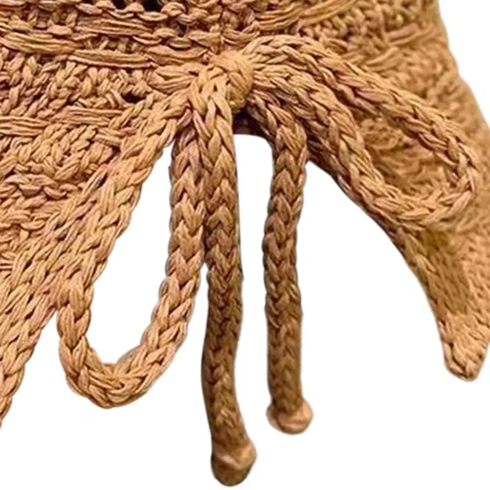 Sun Protection Hat Summer Basin Hat Crochet Hollow Design Wide Brim Sun Protection Cap Lace-up Knitted Outdoor Beach Accessory