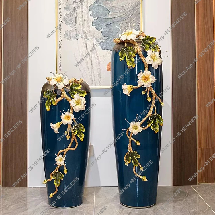 floor-to-ceiling large vase Chinese-style enamel color ornament large decorative dried flower arrangement entrance living room