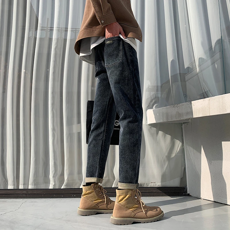 

Trendy Youth Straight Leg Jeans Men's Autumn Winter Thiened Denim Pants Elastic Waist for Yellow Boots Wear Resistant