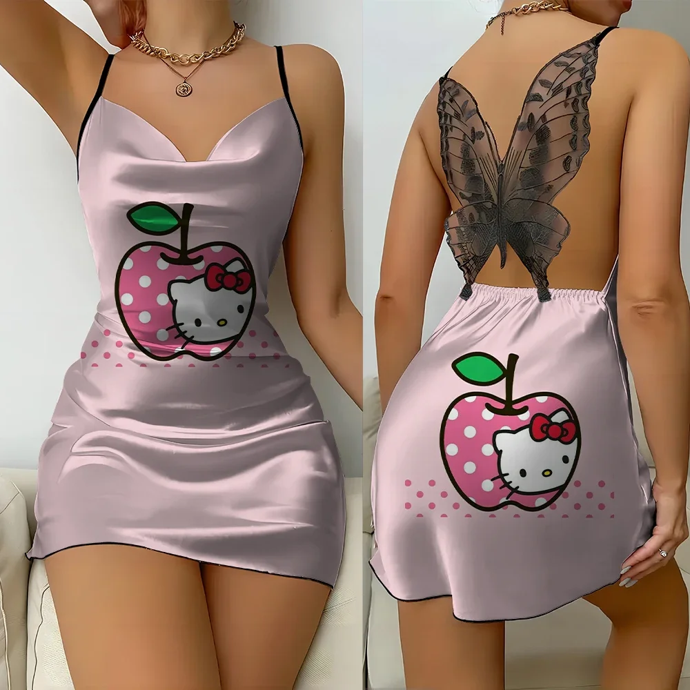 Damen-Nachthemd, Hello Kitty-Druck, Sommer-Nachthemd, sexy rückenfreies Straps-Spitzen-Nachthemd, weiches und bequemes Nachthemd