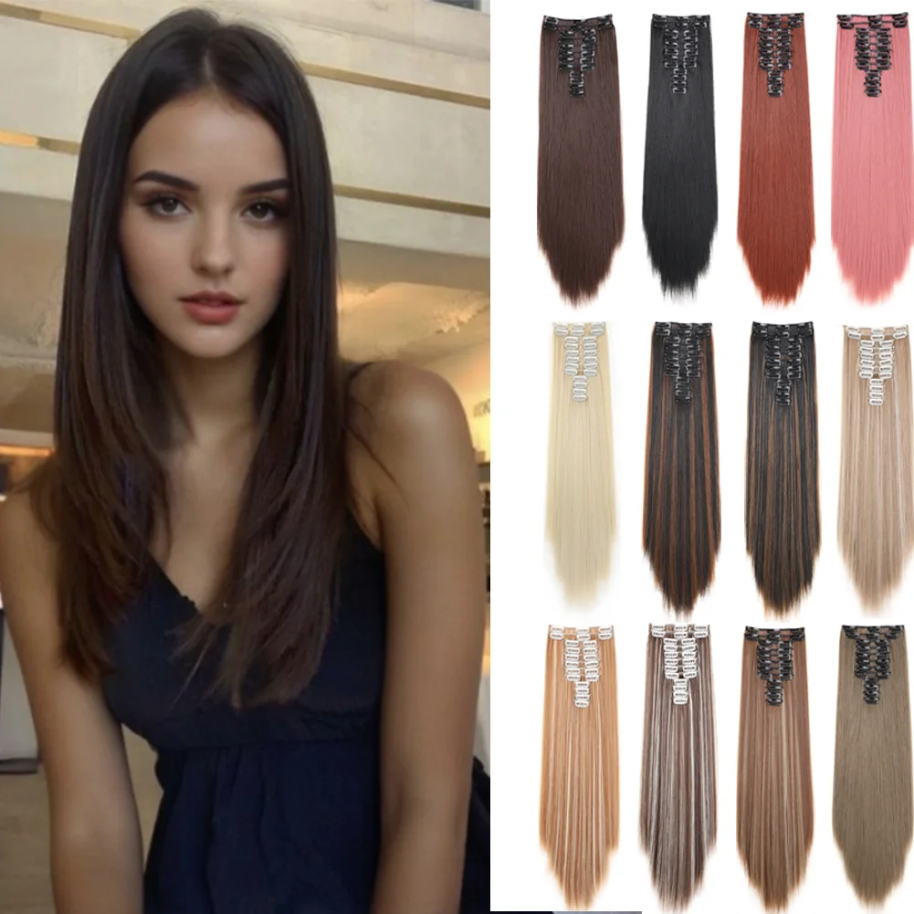 

20 Inch Synthetic Clip In Hair Extensions 12PCS Hair 22 Clip Extensions Long Straight On Hairpieces For Women Girls
