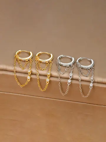 New Arrival Double Chains Long Tassel Drop Earrings For Women Korean Stainless Steel Zircon Hanging Earring Piercing Jewelry