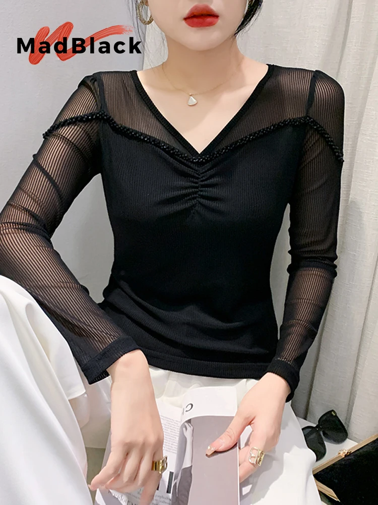 

MadBlack European Clothes Tshirts Women Sexy V Necks Beaded Slim Mesh Top Long Puff Sleeve Office Tees Autumn Spring T38424JC