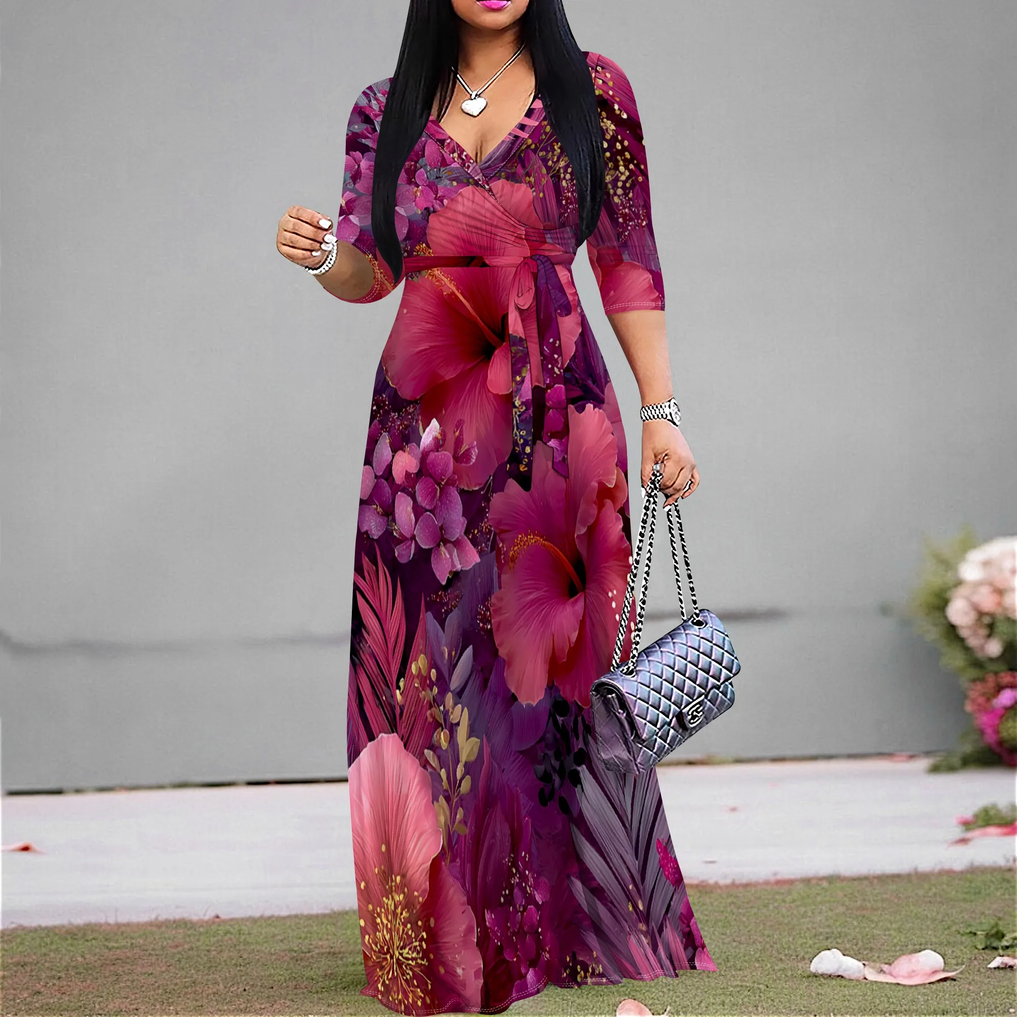 

Purple Floral Maxi Dress S‑3XL V‑Neck Wrap Style with Tie Waist & 3/4 Sleeves for Garden Party, Beach Vacation or Summer Wedding