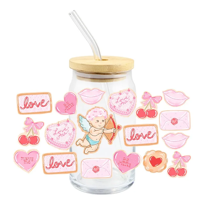 New Valentine's Day Theme UV DTF Wraps Cup 16oz Fashion Patter Transfer Sticker For Glass Mug Cup Decals Waterproof
