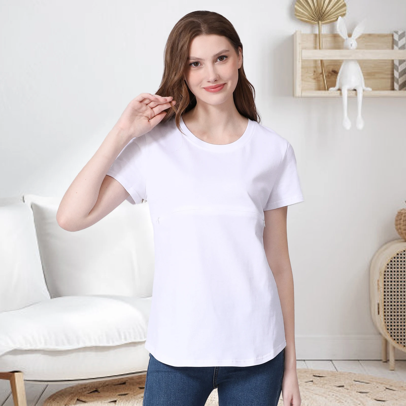 T-shirt maternidade com manga curta para as mulheres grávidas, roupas de maternidade, de algodão, com zip, tamanho grande 5xl